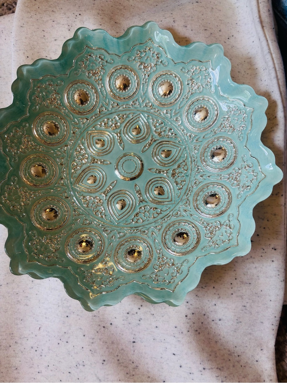 Seafoam Blue Glass Decorative Bowl Gold Medallion Boho Tray